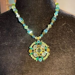 Stunning green blue gold bead statement necklace, adjustable. Nordstrom elegance